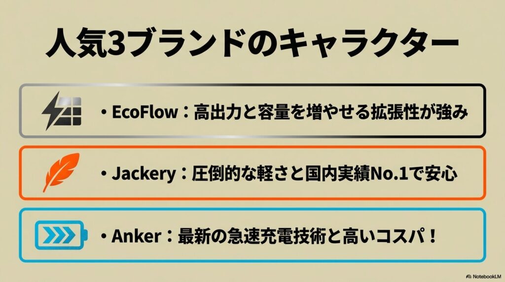 ecoflow、jackery、anker各社の特徴をまとめています。各社の特徴を知ることであなたが求めているポータブル電源が見つかりやすくなります。