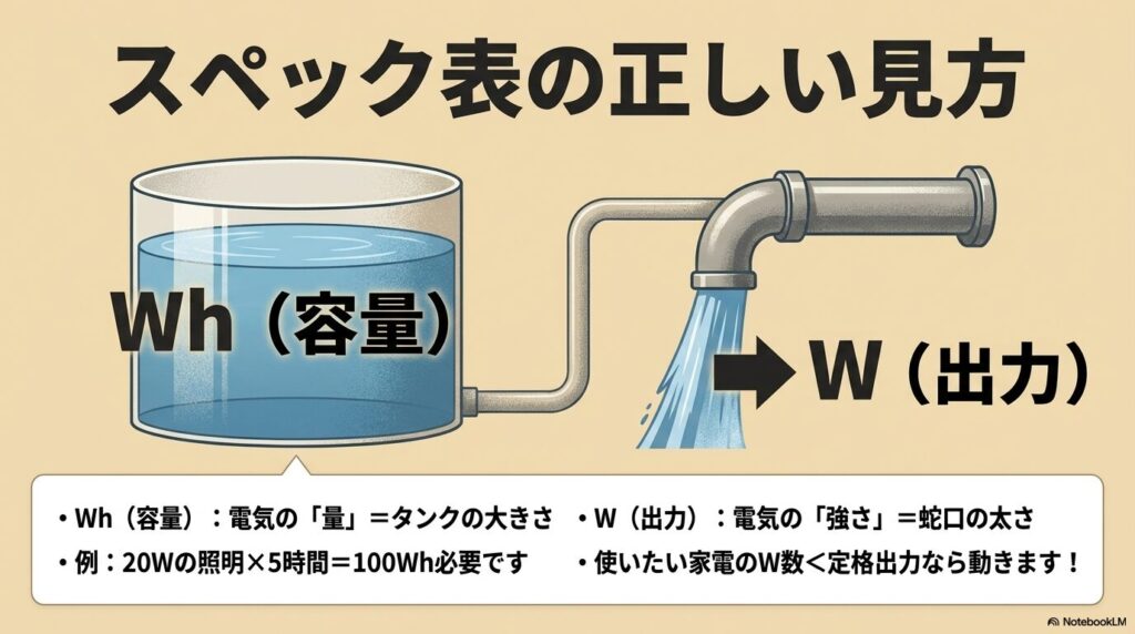 スペック表に出てくる単位を3つ覚えるだけであなたが求めるポータブル電源を見つけやすくなります。
覚える必要があるのは、「Wh」、「W」、「充電速度」の3つのみ。