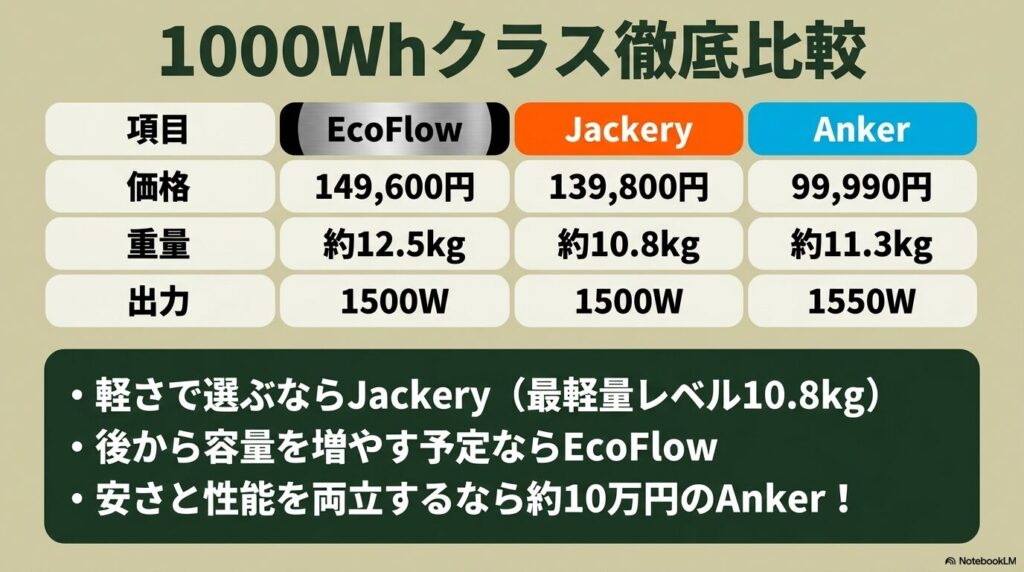 ecoflow vs jackery vs anker の3社の1,000Wh台のポータブル電源を比較。