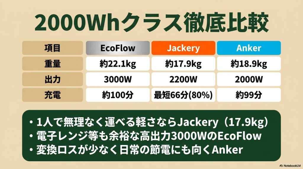 ecoflow vs jackery vs anker の3社の2,000Wh台のポータブル電源を比較。