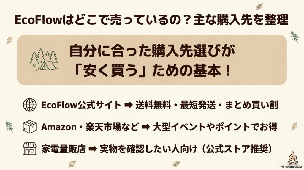 EcoFlowを販売しているサイトは、公式、Amazon、楽天、Yahooなど。これらのサイトのセールやクーポンを利用することでEcoFlowを安く購入する事が出来ます。