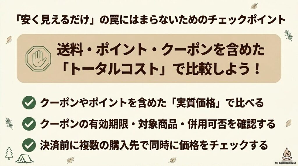 EcoFlowを安く購入するためにチェックするポイントは、①ポイント等を含めた実質価格で比べる、②割引の有効期限を確認する、③複数比較する。