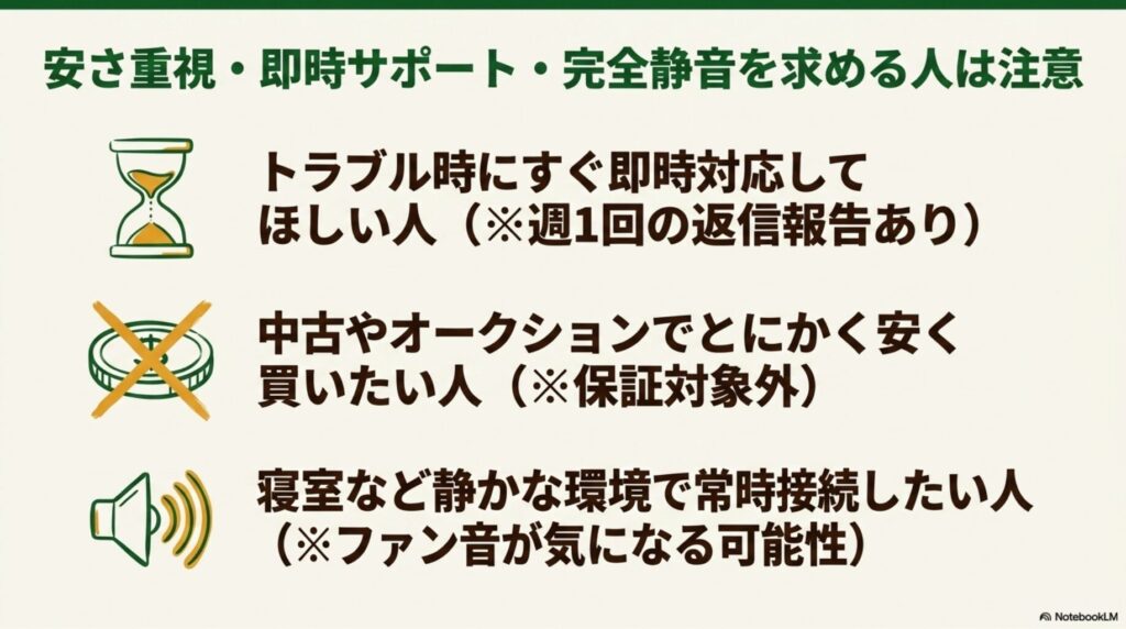 EcoFlowが合わない人：即時サポート重視・中古購入・静音環境での常時使用
