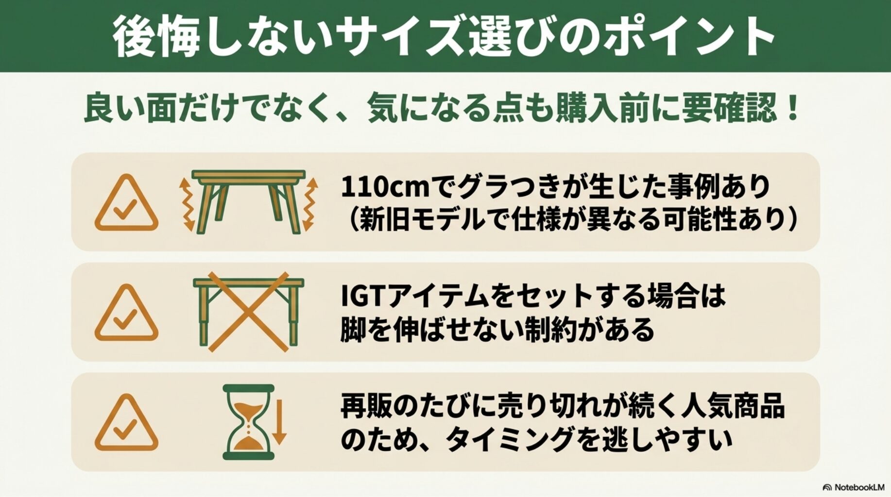 後悔しないサイズ選びのポイントを解説したスライド