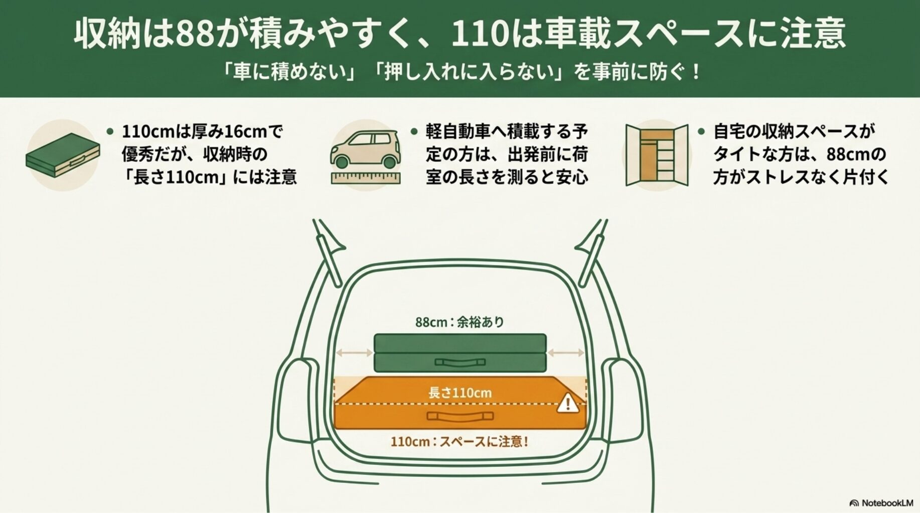 収納は88が積みやすく、110は車載スペースに注意を解説したスライド