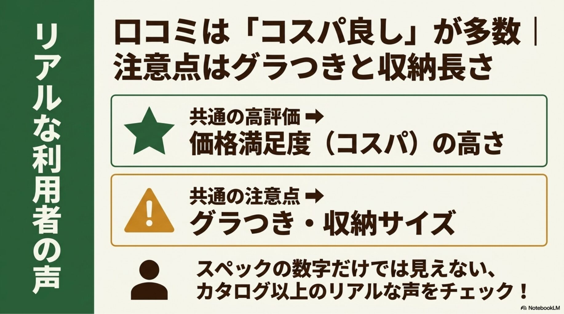 口コミは「コスパ良し」が多数|注意点はグラつきと収納長さの概要を図解したスライド
