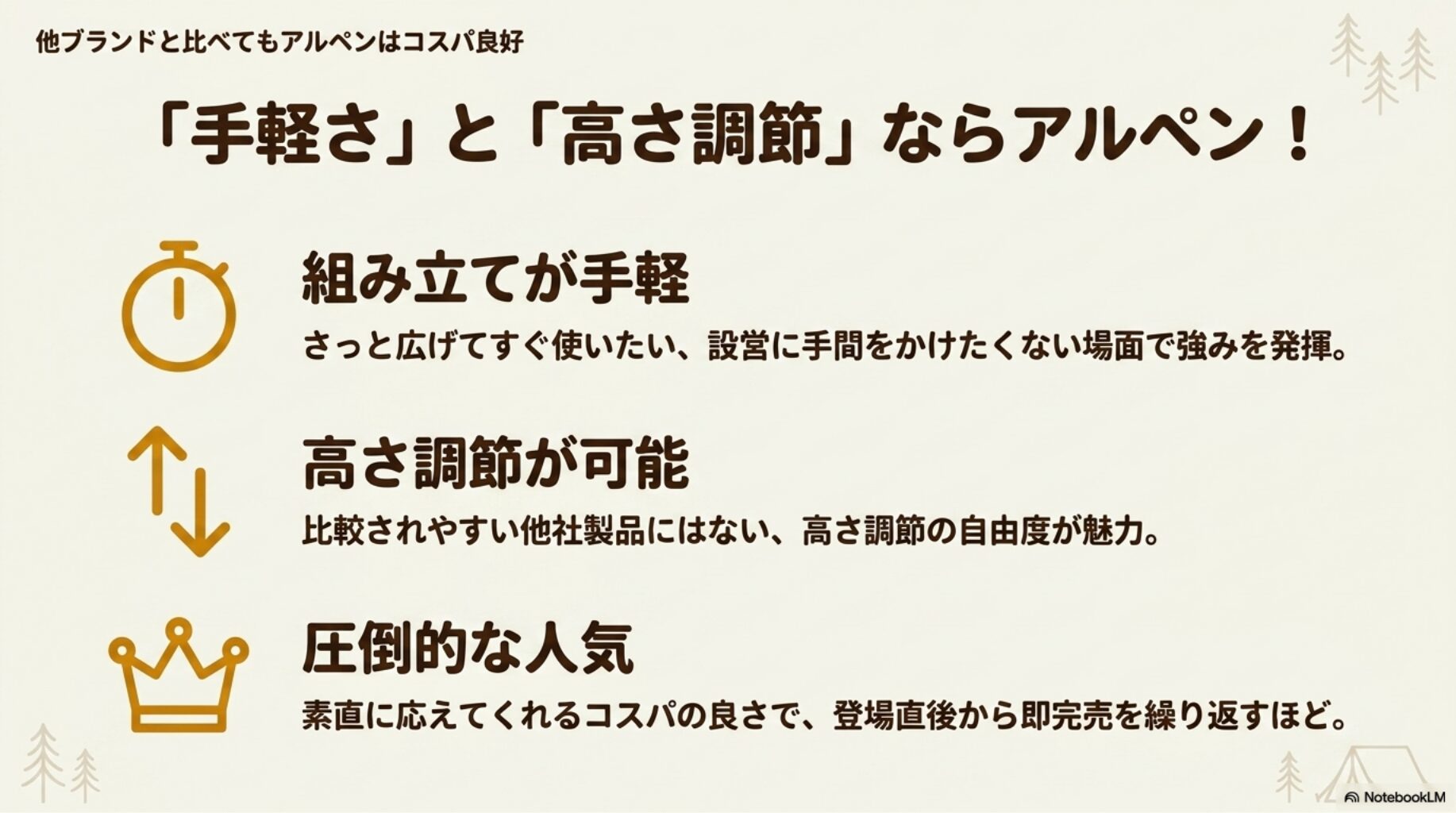 他ブランドと比べてもアルペンはコスパ良好を解説したスライド