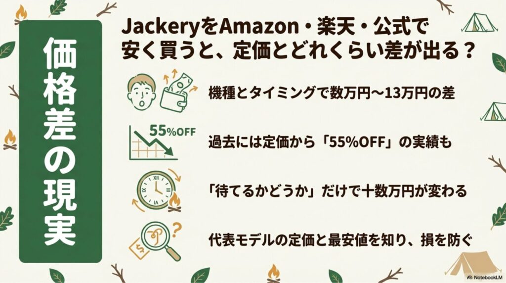 Jackeryの定価とセール最安値の差を示すインフォグラフィック