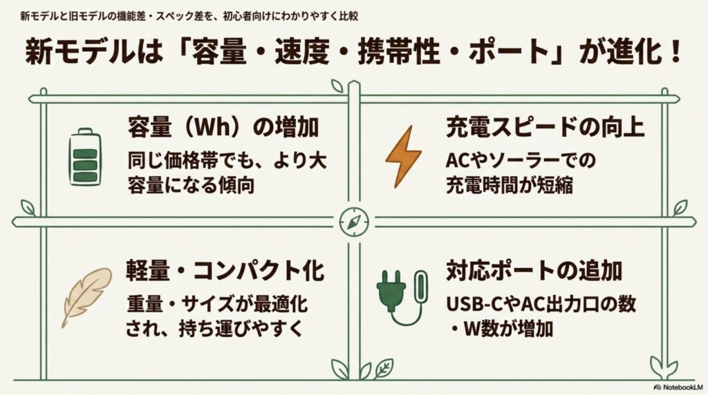 Jackery新モデルと旧モデルの機能差比較（容量・充電速度・重量・ポート数）