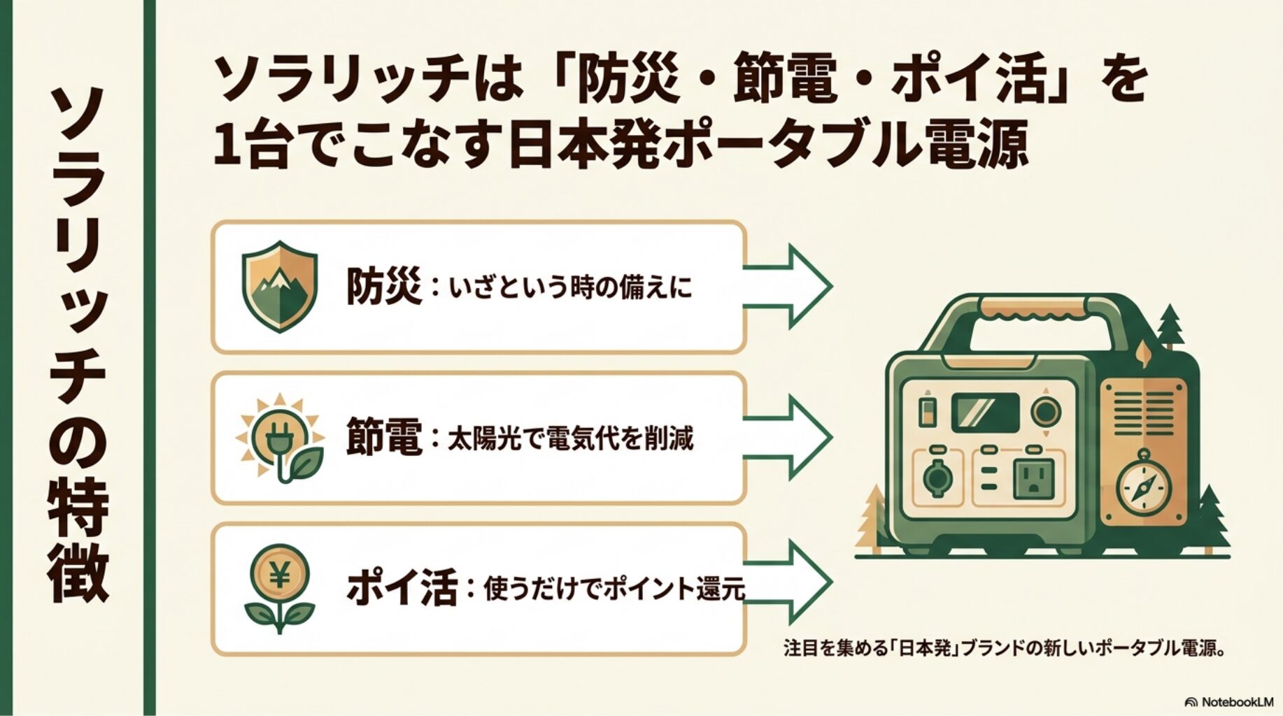 ソラリッチは防災・節電・ポイ活を1台でこなす日本発ポータブル電源であることを図解したスライド