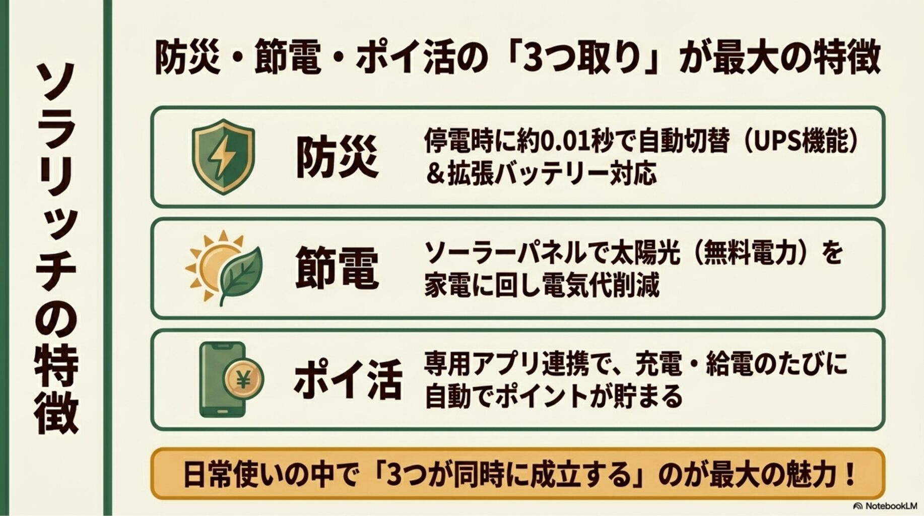 防災・節電・ポイ活の3つ取りが最大の特徴であることを解説したスライド