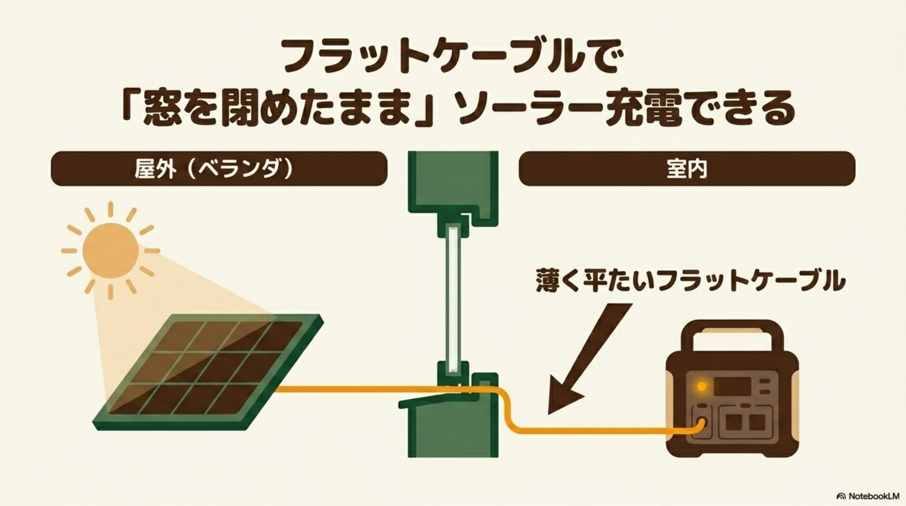 フラットケーブルで窓を閉めたままソーラー充電できることを解説したスライド