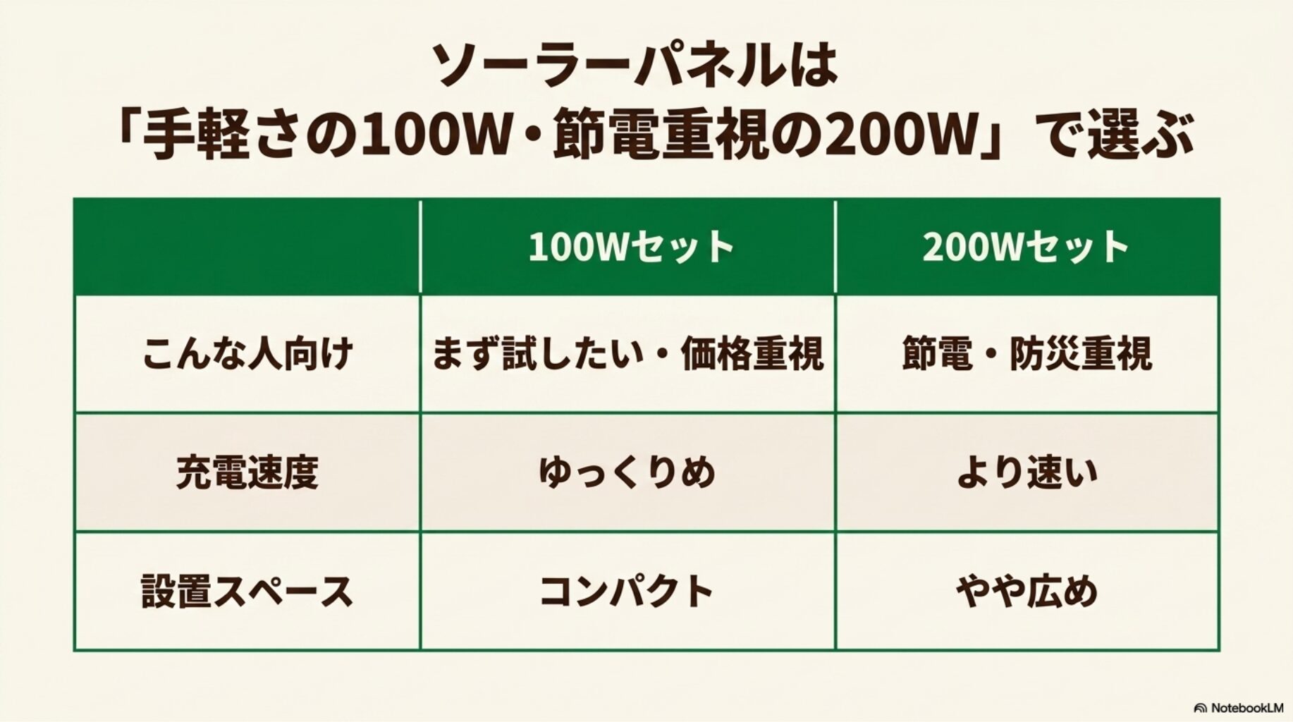ソーラーパネルは手軽さの100W・節電重視の200Wで選ぶことを比較したスライド