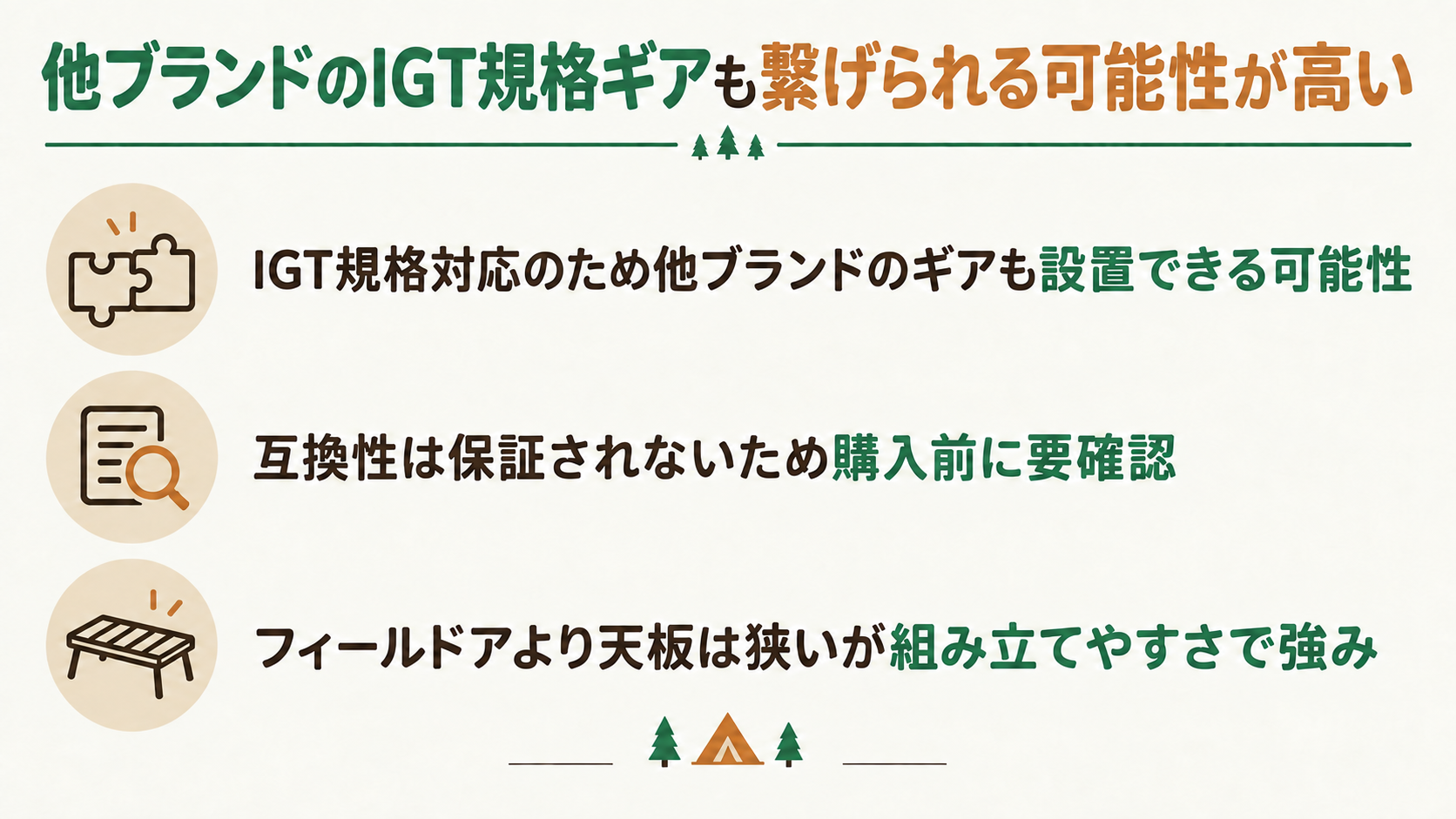 他ブランドのIGT規格ギアも繋げられる可能性が高いを解説したスライド