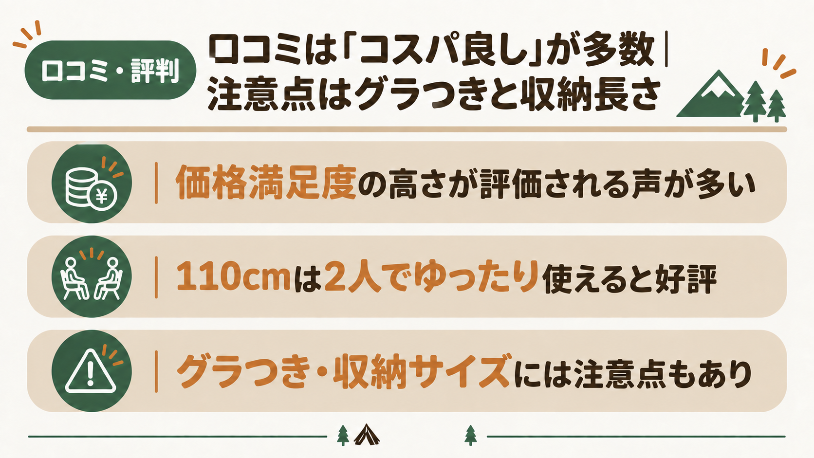 口コミは「コスパ良し」が多数｜注意点はグラつきと収納長さの概要を図解したスライド