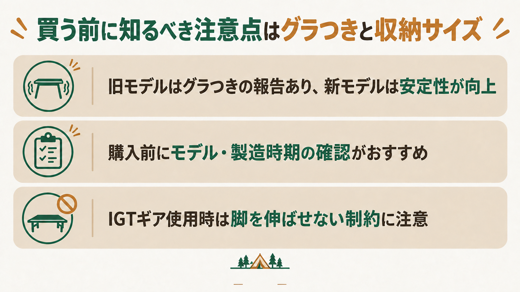 買う前に知るべき注意点はグラつきと収納サイズを解説したスライド